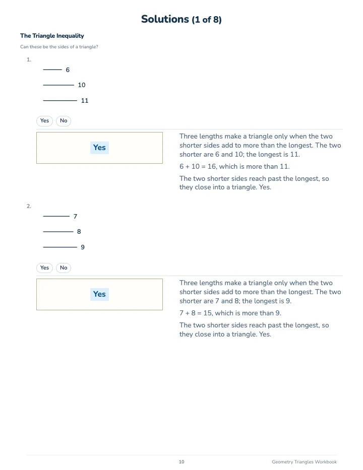 Geometry Triangles Workbook — The back of the book: a worked solution for each kind of question