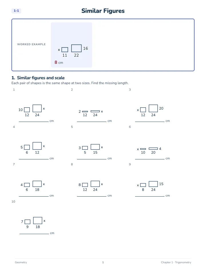Geometry Trigonometry Workbook — A lesson page: the worked example, then the exercise