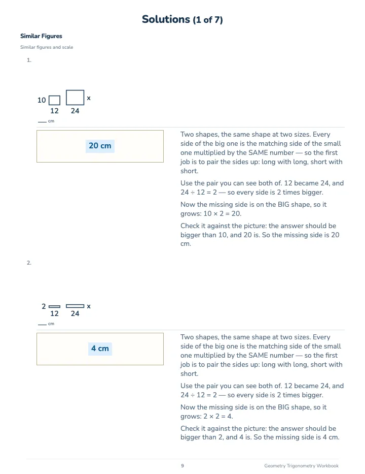 Geometry Trigonometry Workbook — The back of the book: a worked solution for each kind of question