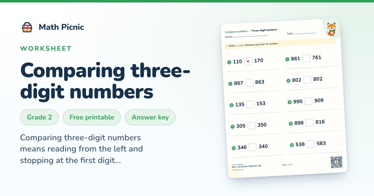 Test Building Flashcard Comparing Three-Digit Numbers Worksheets | Math Picnic